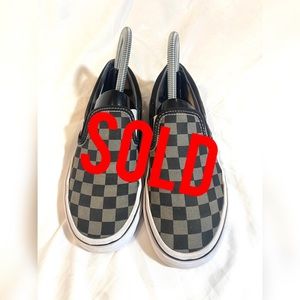 ..S. O. L. D. ….Vans | Pewter Checkered Slip ons | Women’s 5.5 - Mens 4.0